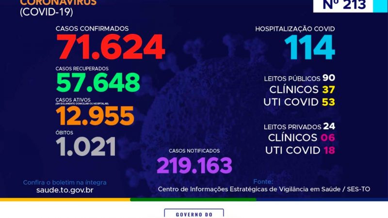 Coronavírus: Tocantins contabiliza mais 381 casos hoje, destes, 38% estão entre 20 a 39 anos