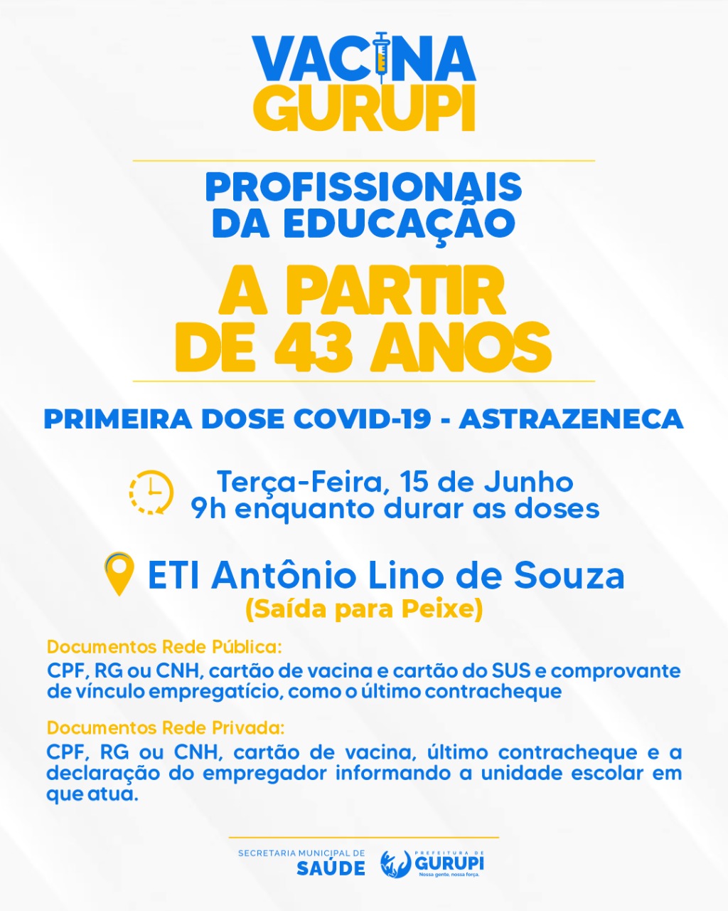 Gurupi amplia vacinação contra a Covid-19 para profissionais da educação com mais de 43 anos