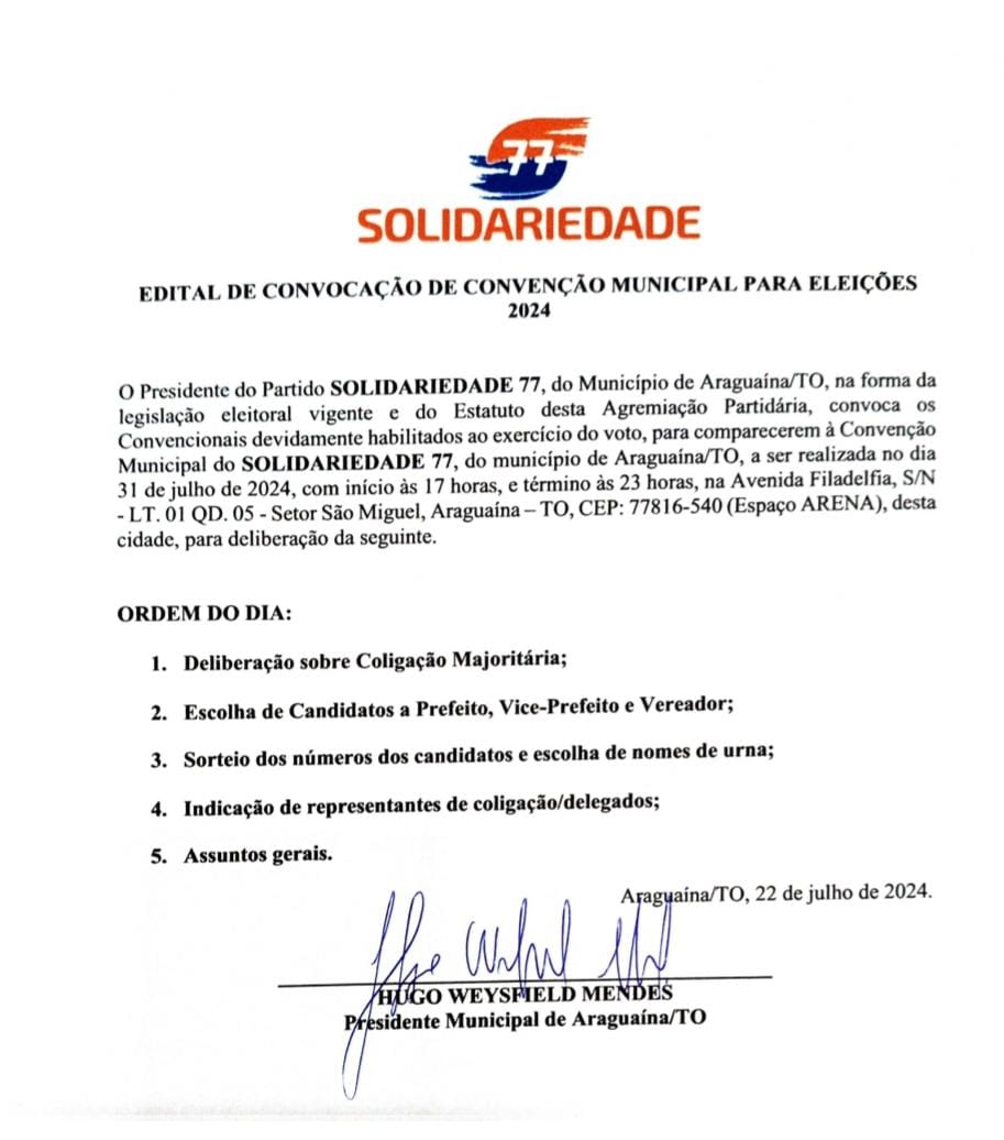 Solidariedade de Araguaína publica edital de convenção municipal