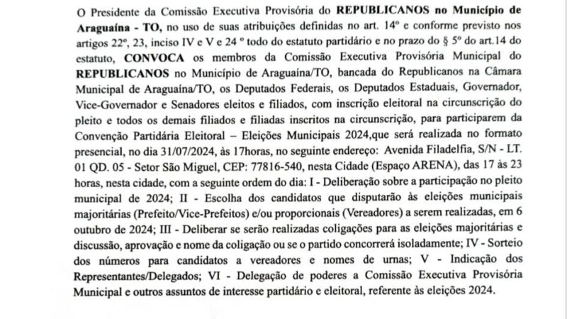 Republicanos de Araguaína publica edital de convocação para convenção municipal