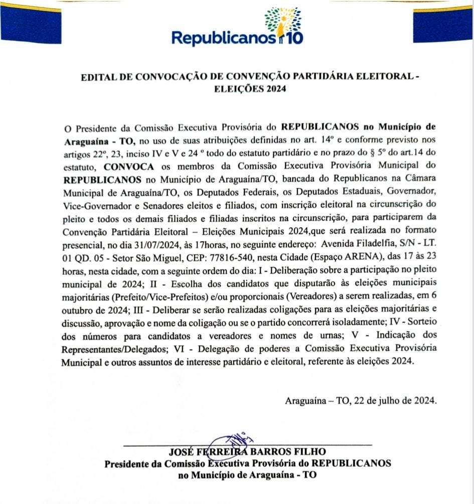 Republicanos de Araguaína publica edital de convocação para convenção municipal